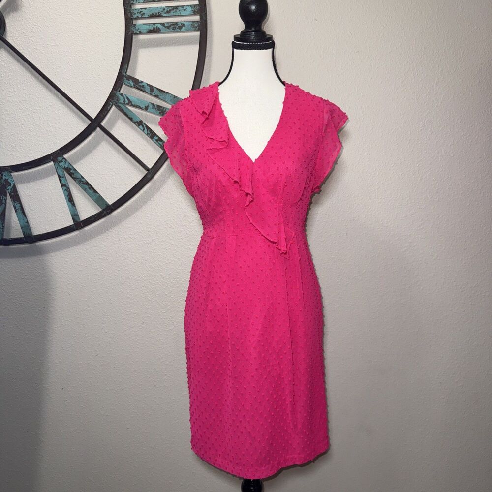 Nanette Lepore Dress 2 Fuchsia Flutter Sleeves Textured Lined Sheath EUC